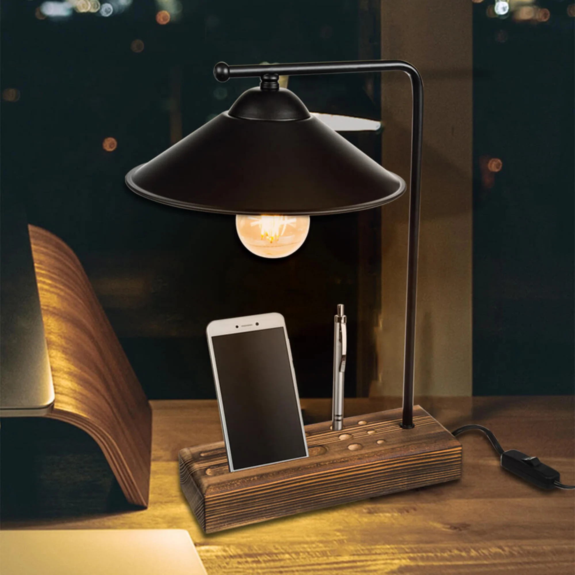 Lampa stołowa Folkestone E27 lite drewno metal czarny / drewno [lux.pro]