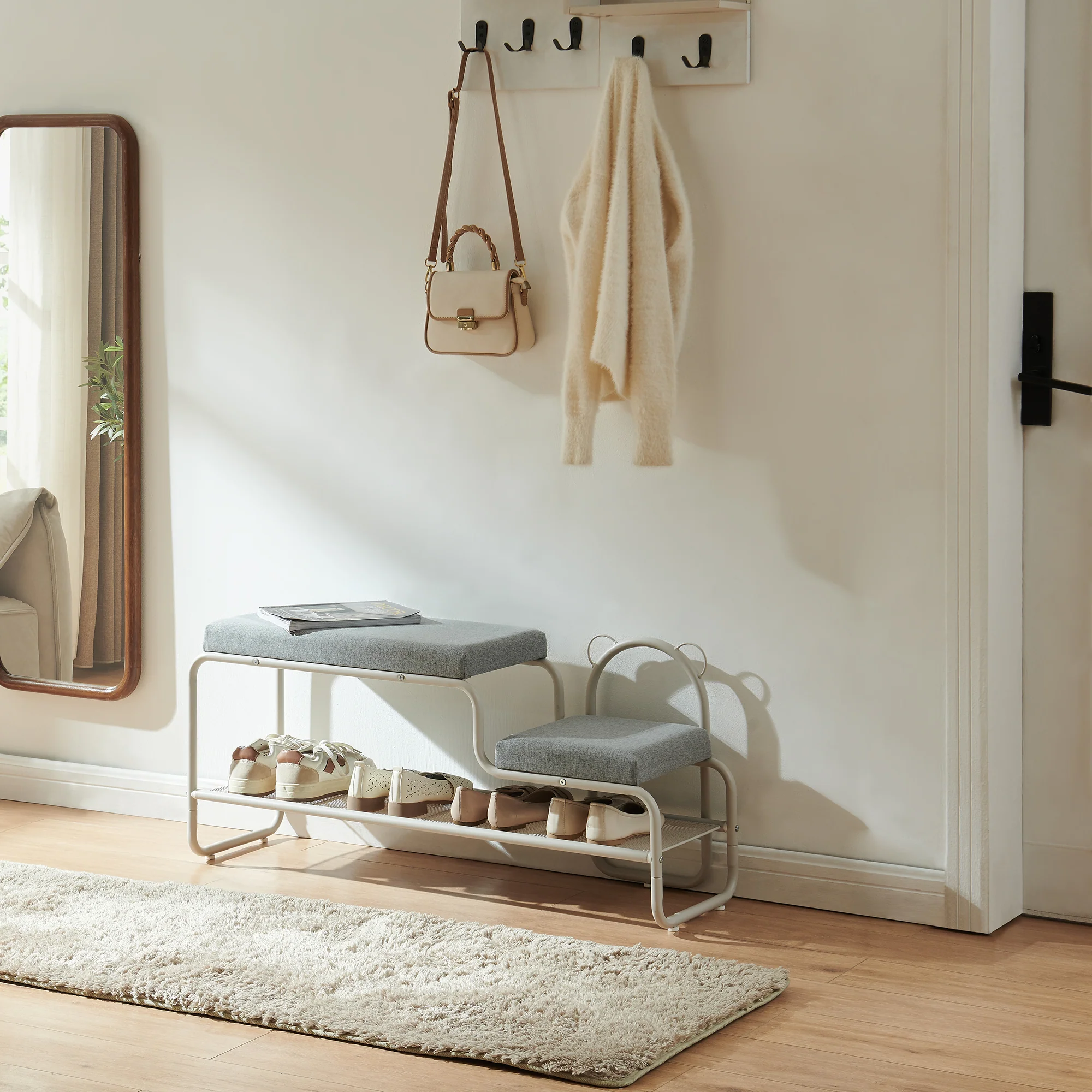 Ławka na buty z taboretem dziecięcym Jässaatka stal 100x32x46 cm szary [en.casa] - Image 2