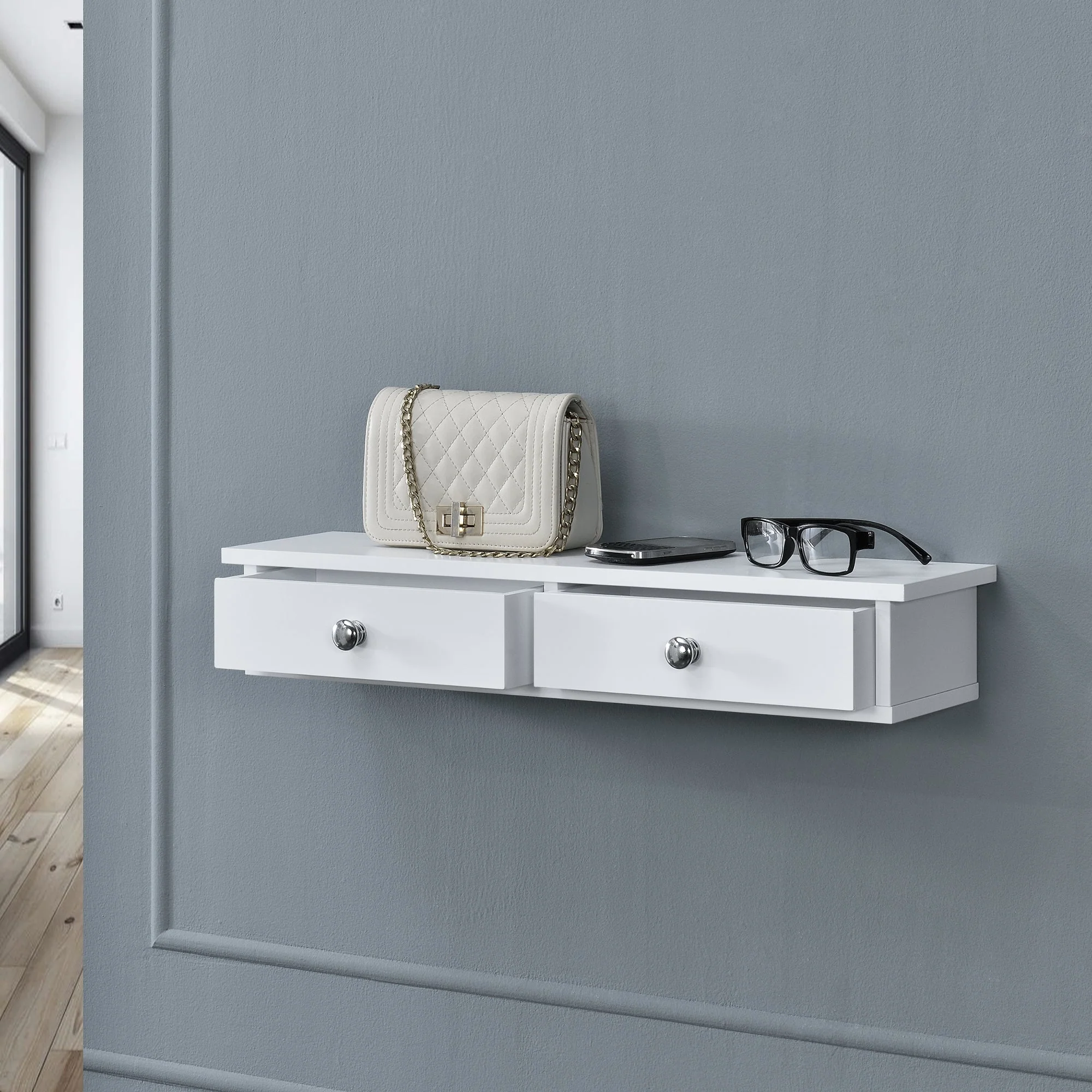 Półka ścienna Geeste 60x15x10 cm z 2 szufladami biała [en.casa] - Image 2