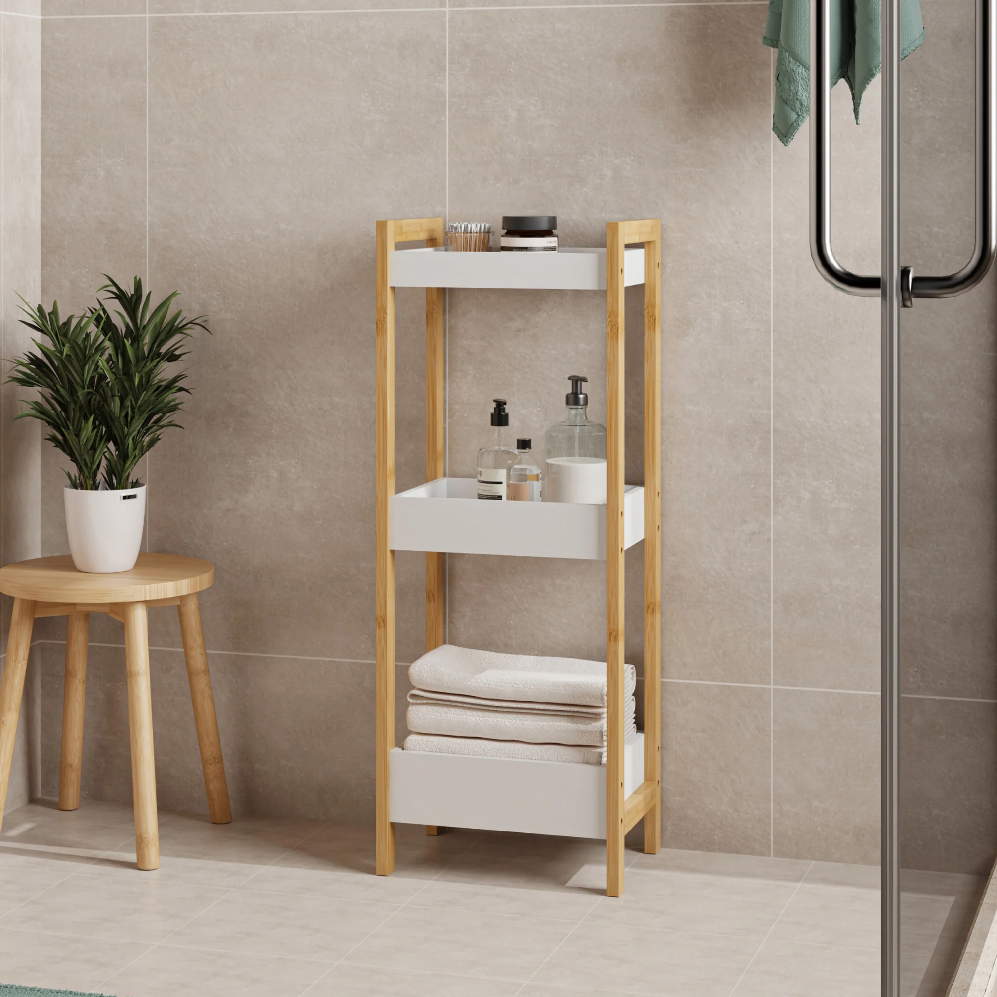 Regał łazienkowy Anun z 3 półkami 75x28x20 cm bambus naturalny/biały [en.casa] - Image 2