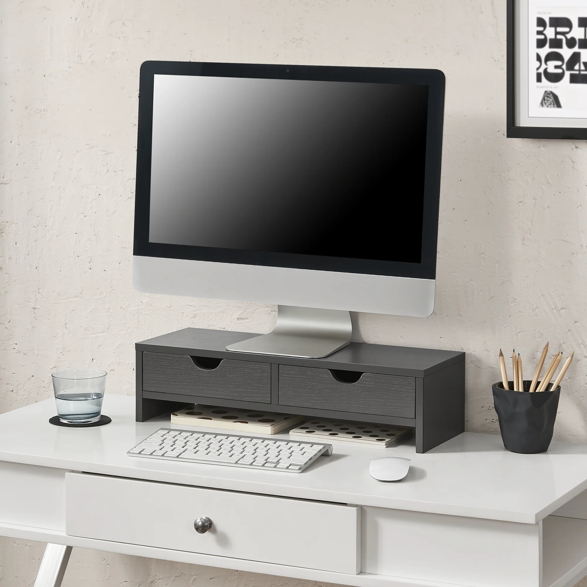 Stojak na monitor Mänttä z 2 szufladami 50x18x13cm w różnych kolorach kolory [en.casa] - Image 3