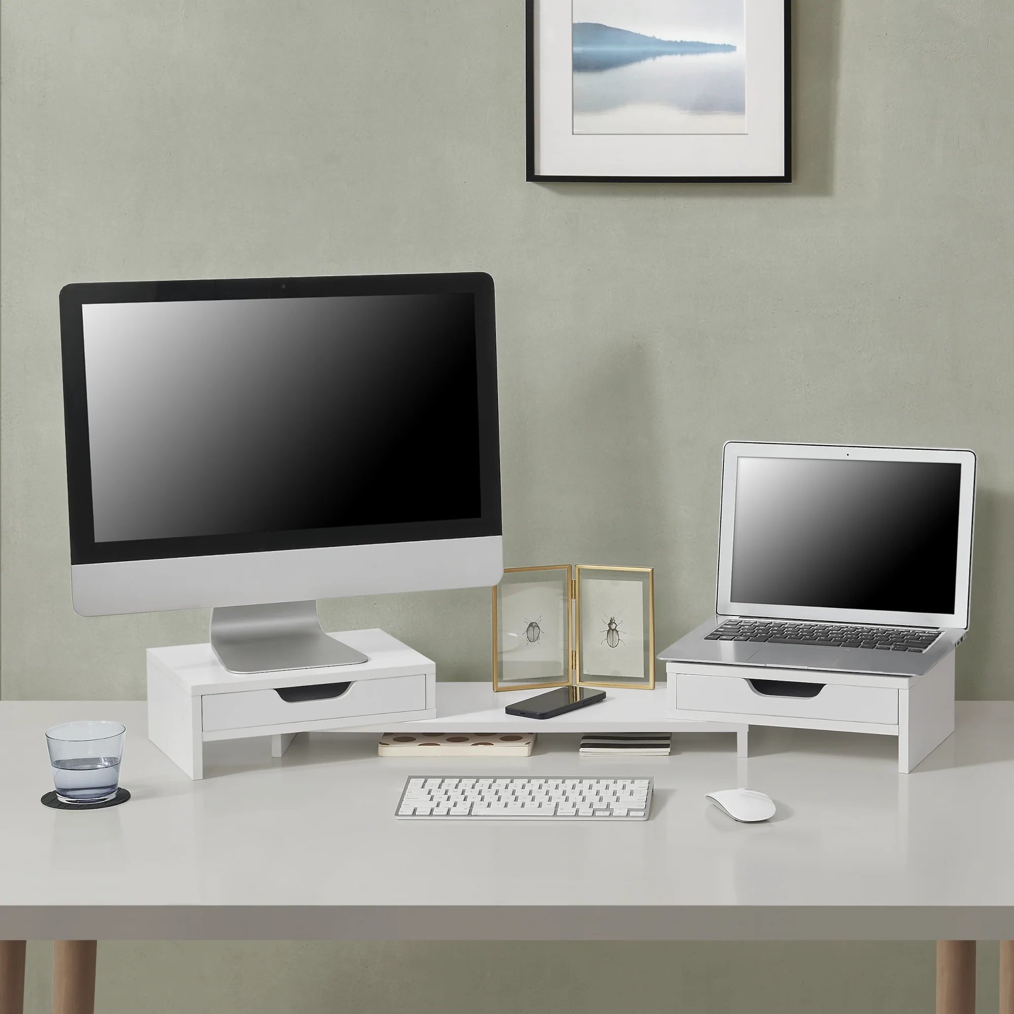 Stojak na monitor Marttila z 2 szufladami 60x22x11cm w różnych kolorach kolory [en.casa] - Image 2