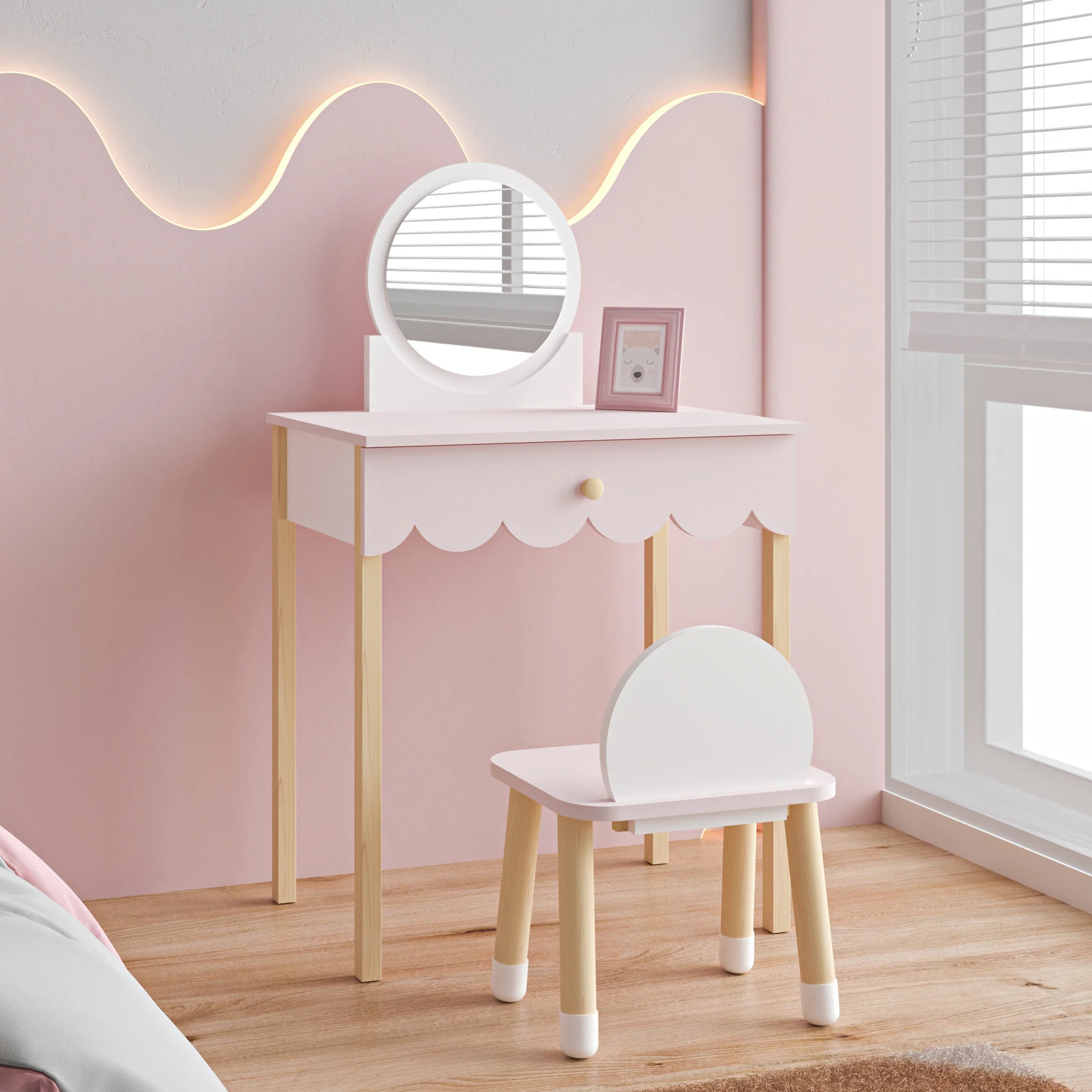 Stolik do makijażu dla dzieci z krzesełkiem Vestnes Cotton Candy/White [en.casa]