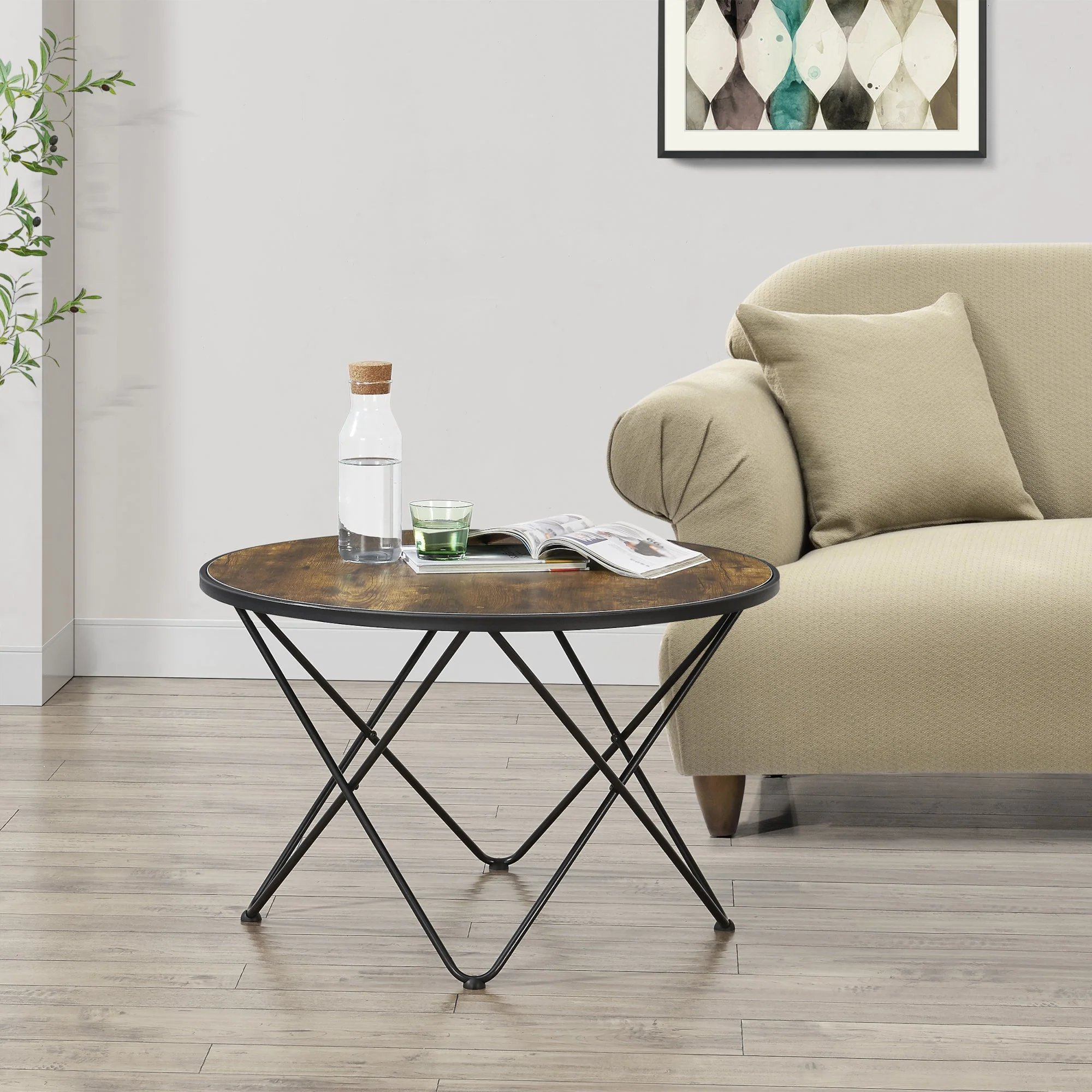 Stolik kawowy Goskamark 80x50 cm stalowa rama ciemne drewno [en.casa] - Image 2