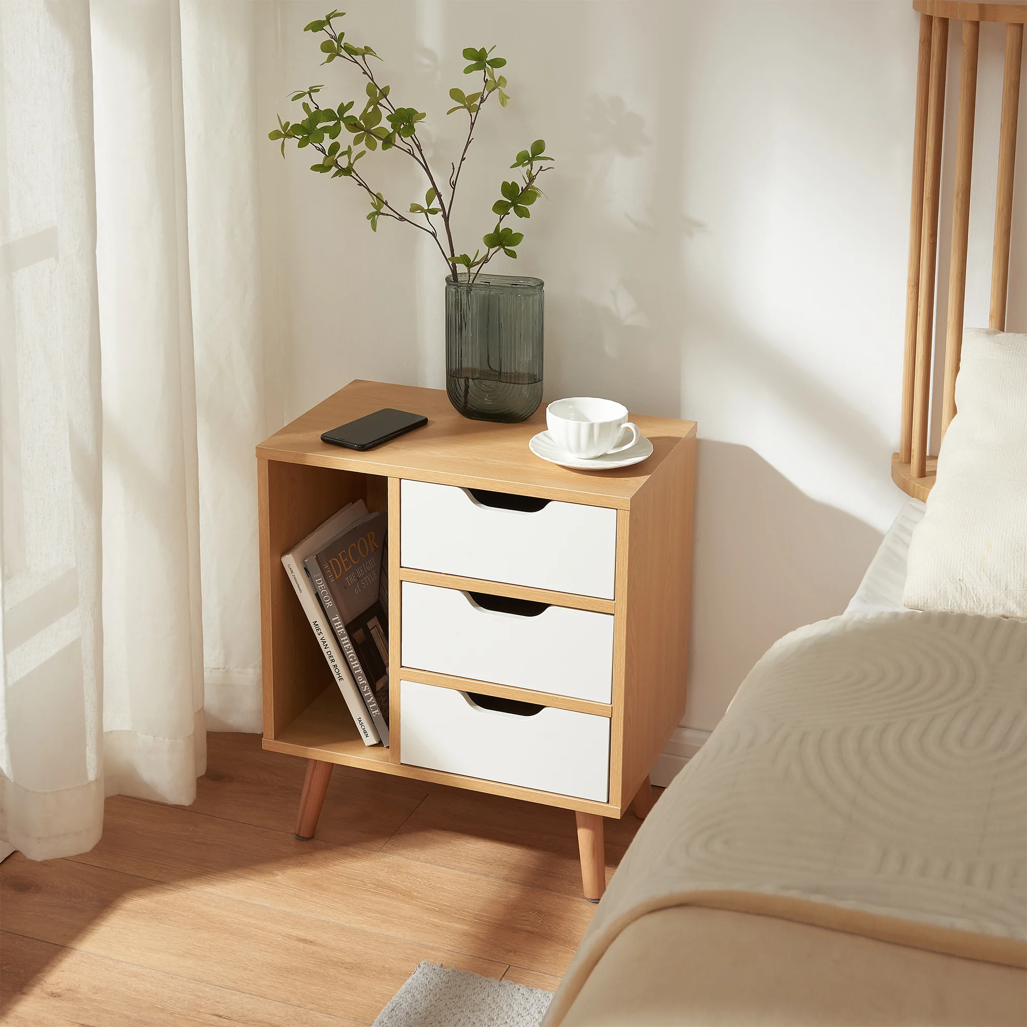 Stolik nocny Bordkak 55x48x30 cm dąb optyczny/biały [en.casa] - Image 2