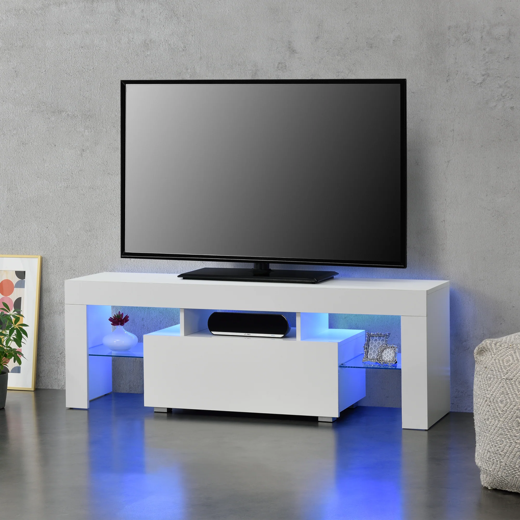 Stolik pod telewizor LED Grimsey 130x35x45 cm z szufladą szklaną półką biały/czarny en.casa - Image 3