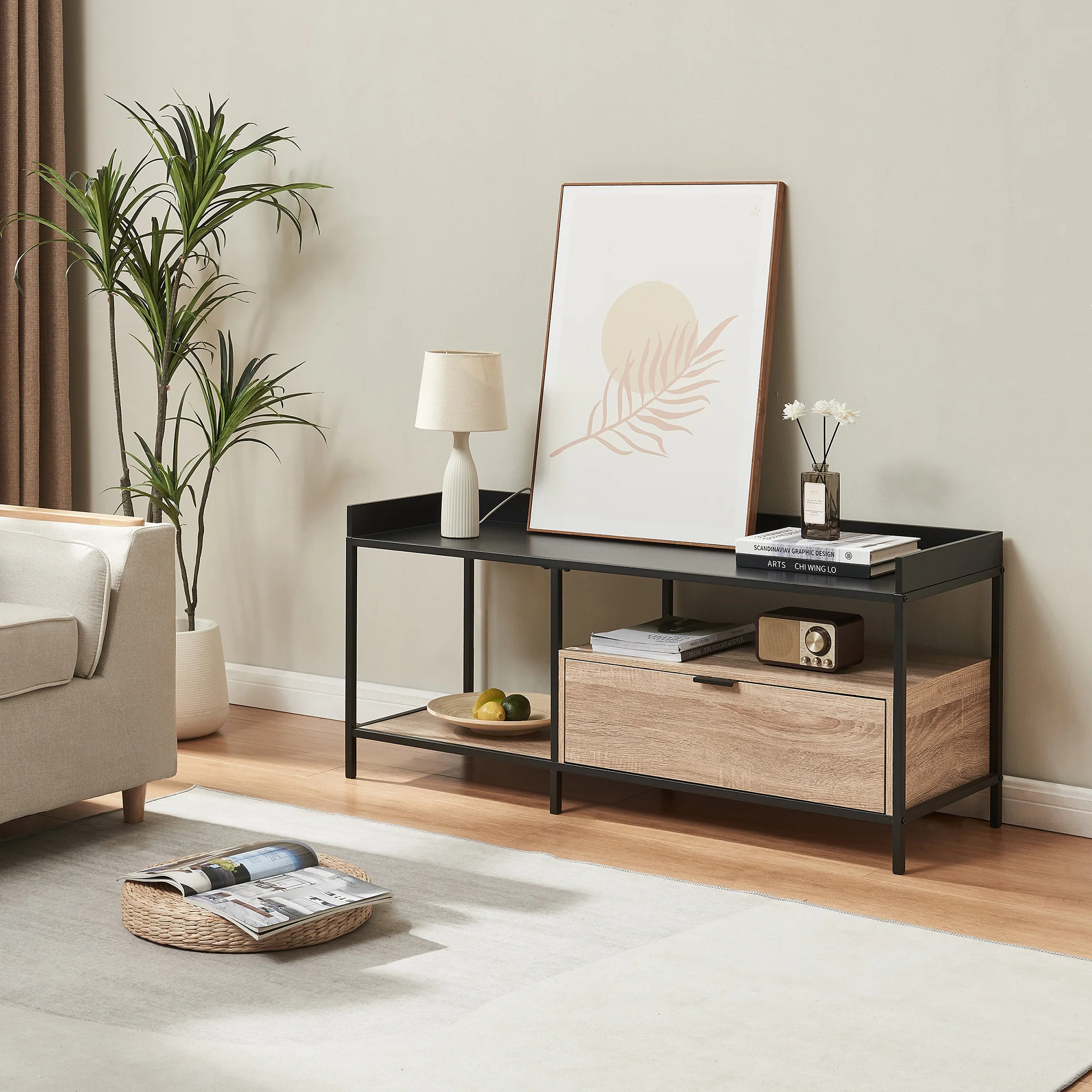 Stolik TV Belana 120x40x54 cm czarny/dąb [en.casa]