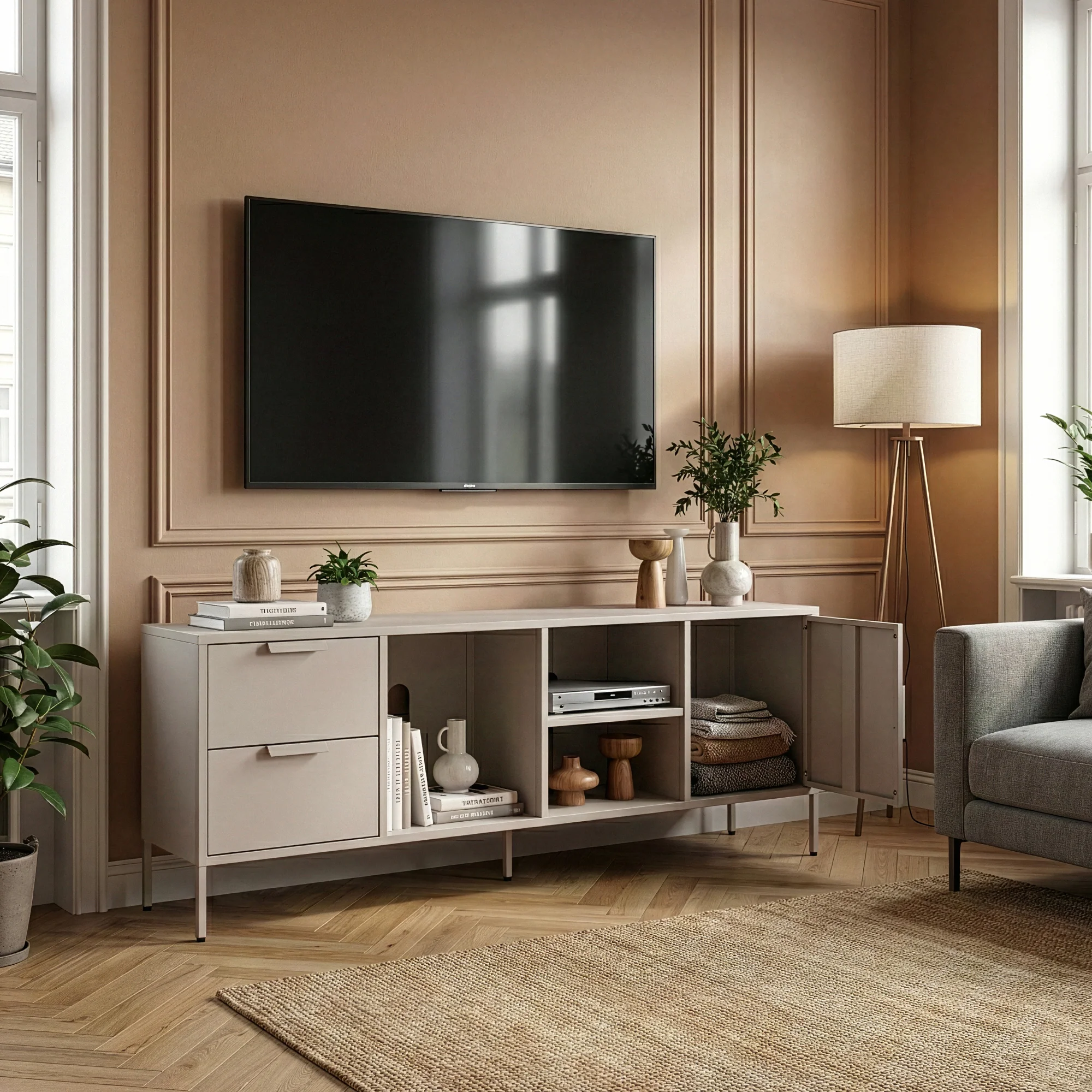 Szafka RTV Kliri Stahl 150x35x58 cm w kolorze wielbłądzim [en.casa] - Image 2