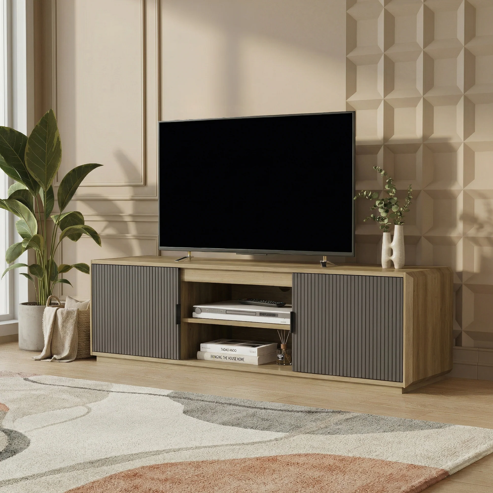 Szafka RTV Trömi 150x40x43 cm dąb optyczny/szary [en.casa] - Image 3