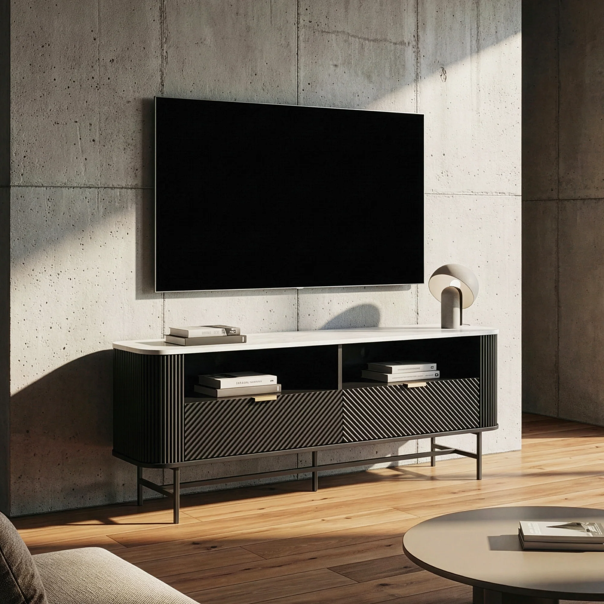 TV-Lowboard Olvehok 140x40x55 cm Czarny/efekt marmuru, biały [en.casa] - Image 2